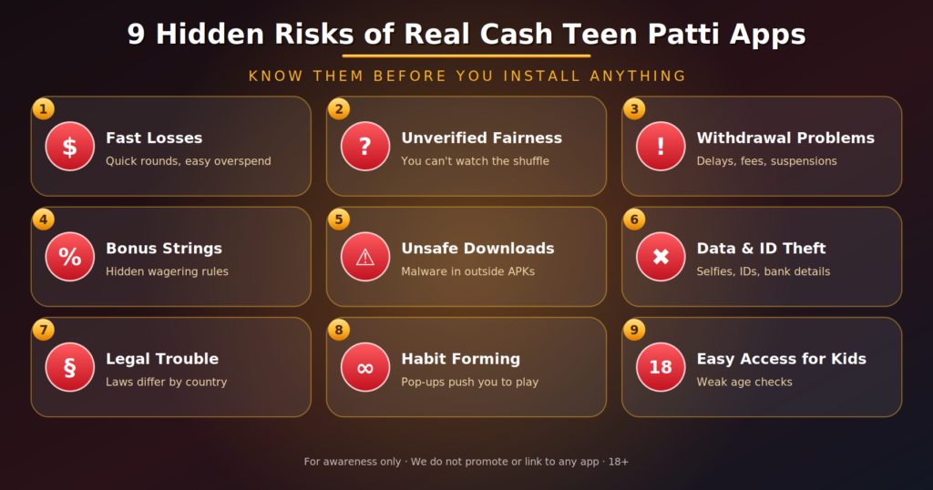 real cash teen patti apps 9 hidden risks infographic